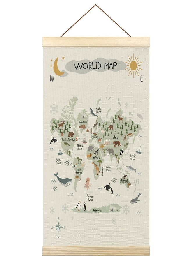 Tzhim Animal World Map Poster Hanger Frame, World Map for Kids, Educational Wall Hanging Decor for Nursey Playroom Classroom Home school Kids Room, Nature Wall Art Prints with Wood Frames, 12x16in - Image 1